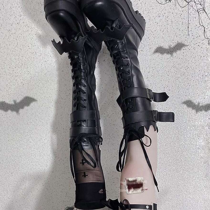 ゴスロリ通販 With U ロングブーツ ゴシック パンク コウモリ バット