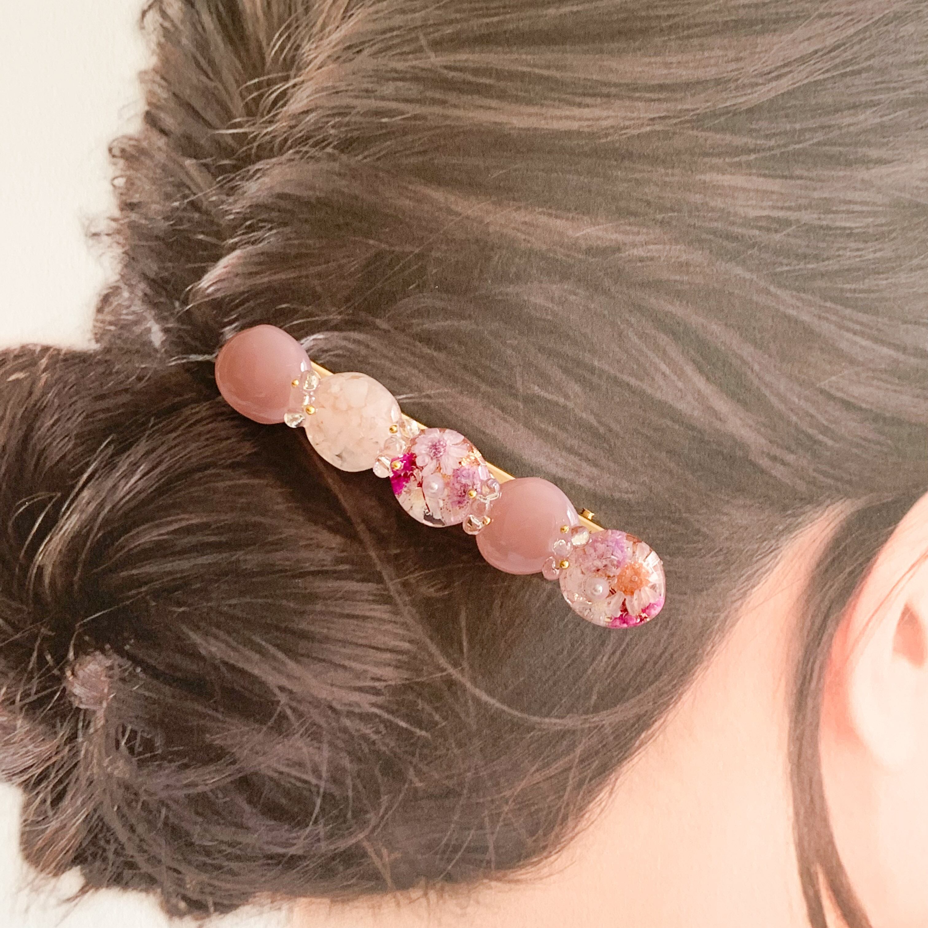 透明レジンとドライフラワーと天然石のヘアクリップ | Ricca～六花～