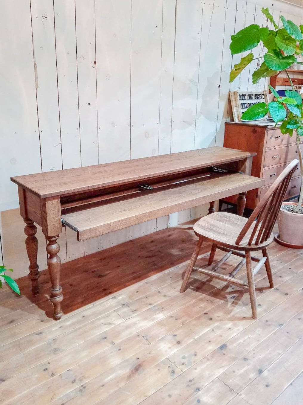 キーボード収納スライド棚付き 幅広リビング学習机 ターンドレッグデスク “ブロカント”(アンティーク調ろくろ足) W1800 二人掛け学習机