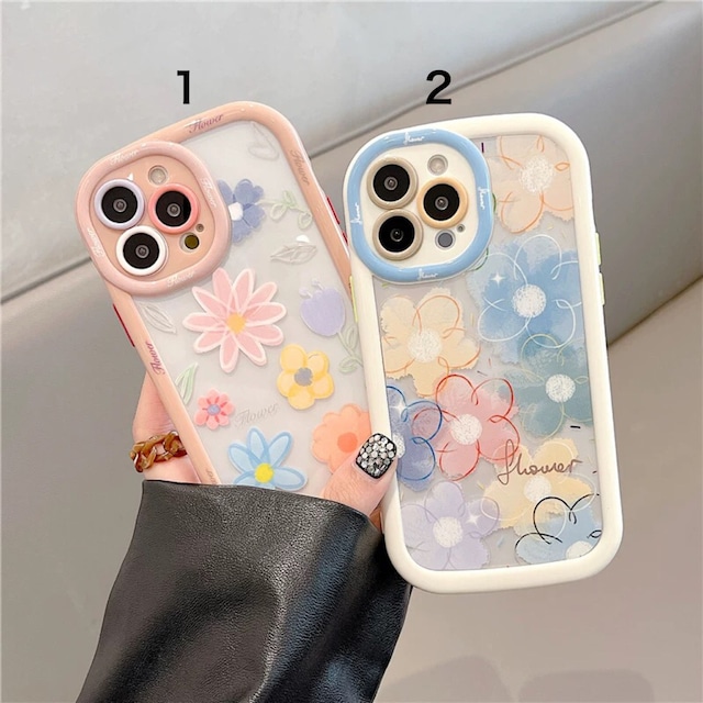 iPhoneケース iPhone14 iPhone13 花柄 水彩 絵の具 フチ太 春 かわいい スマホケース おしゃれ 韓国 2466