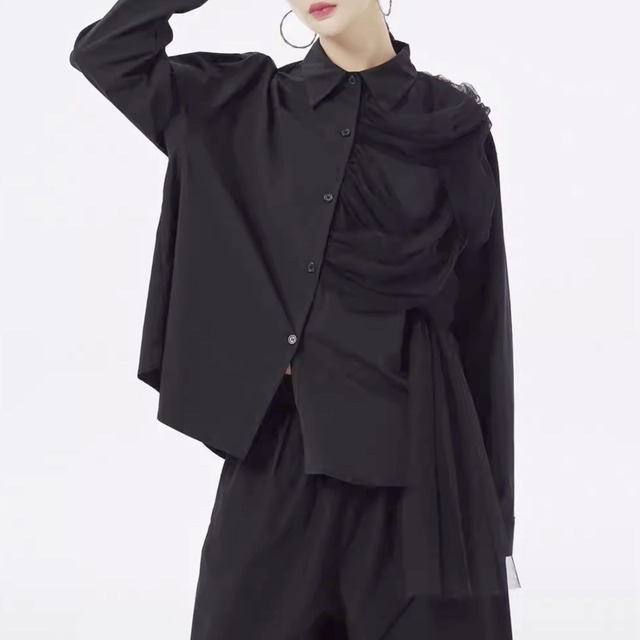 Long sleeve tulle decorated shirt【2color】 C1025