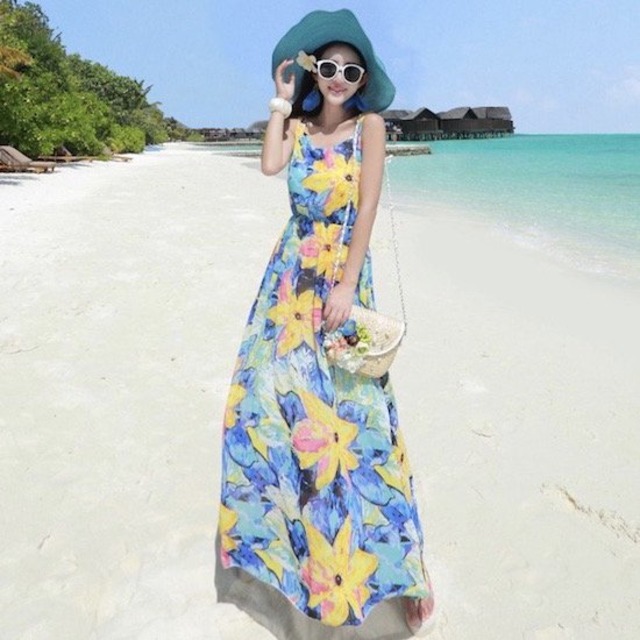 ワンピース ロング丈 リゾート ノースリーブ 袖なし ロング レディース 海 プリント 花柄 Vネック ハイウエスト 旅行 ブルー青 可愛い おしゃれ お洒落 10代 代 ビーチ 夏 エスニック Kilastarshop