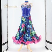 社交ダンス 衣装 スタンダードドレス ドレス スタンダード ワンピース Altamoda Michelin デモ 競技 ダンス パーティ 発表会 青 柄 模様 レース フリル ブルー系 ピンク系 フリンジ 揺れる ドレスデザイン スカート3枚重ね 華やか おしゃれ 発表会用 フォーマル