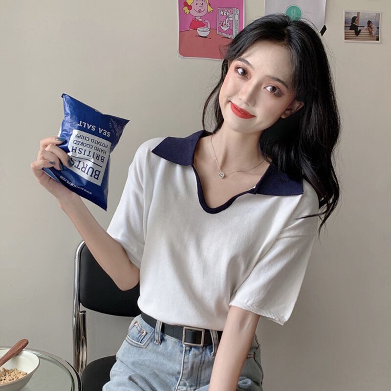 カラーVネックニットTシャツ サマーホワイトトップス 夏物 スーパーモール43428969583