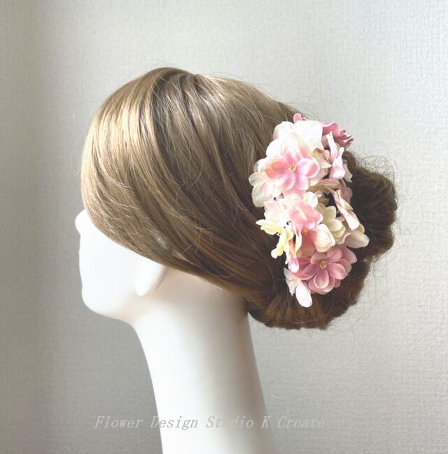 ウェディングに♡クリームピンクの紫陽花のヘッドドレス(7本セット)　アジサイ　あじさい　髪飾り　ジューンブライド　花嫁ヘア