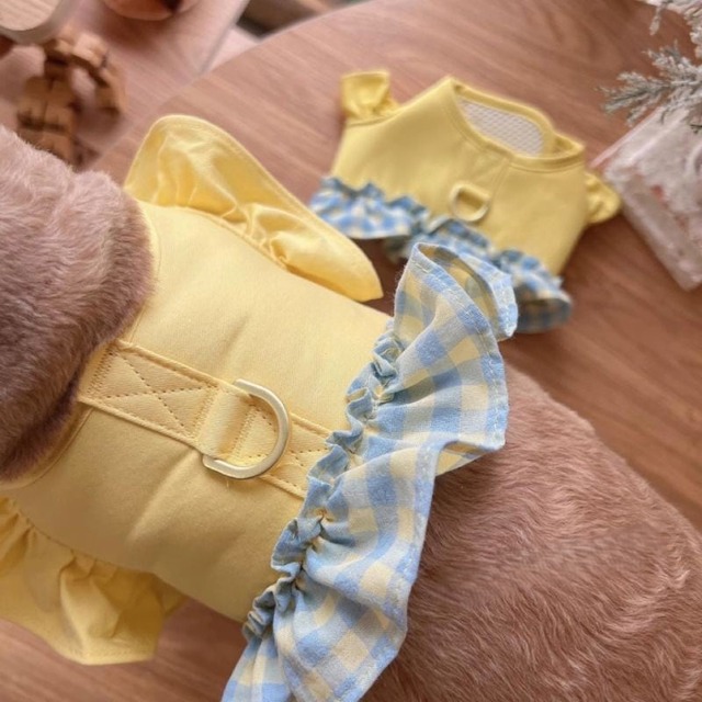 ギンガムチェックのフリル付ベスト＆リード　犬服　00686