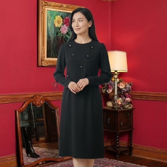 スーパービューティー ワンピース 袖ニッ ト 花モチーフ 2426018 ブラック 2024年秋冬 オーラボー 大人かわいい服 ミセス 大人スタイル キレイメ レディース アパレル 女性 30代 40代 50代 60代