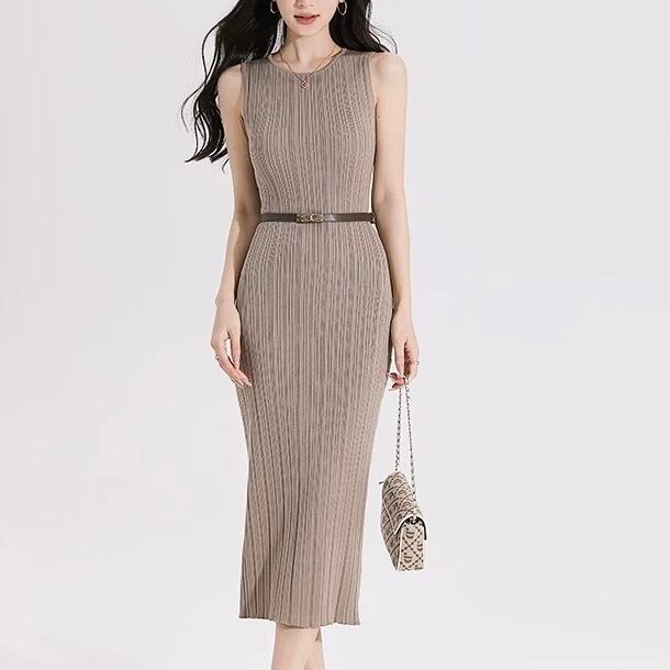 韓国風スリムノースリーブニットドレス YH9395