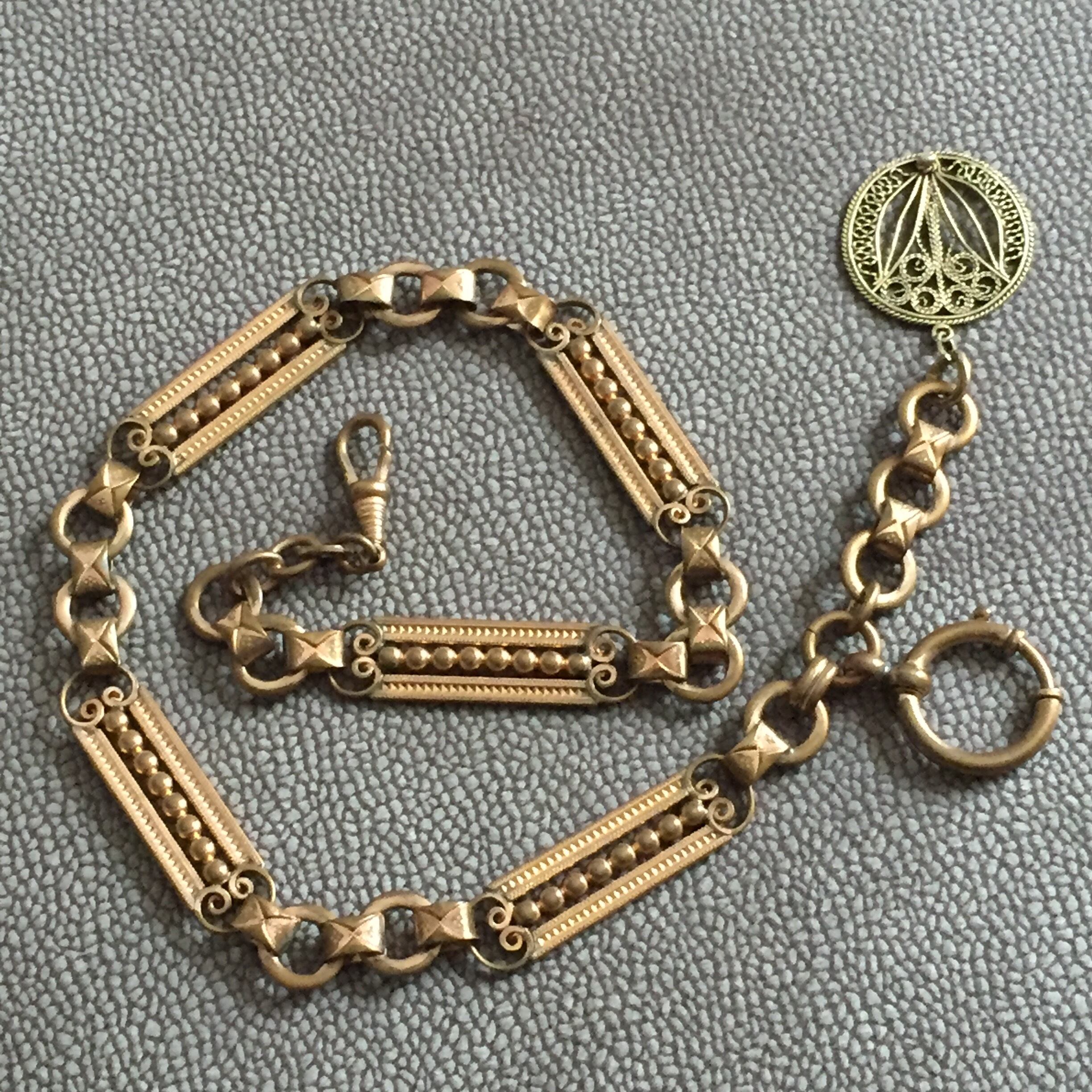 Antique Art Deco Long Pocket Watch Chain with Filigree Fob Pendant