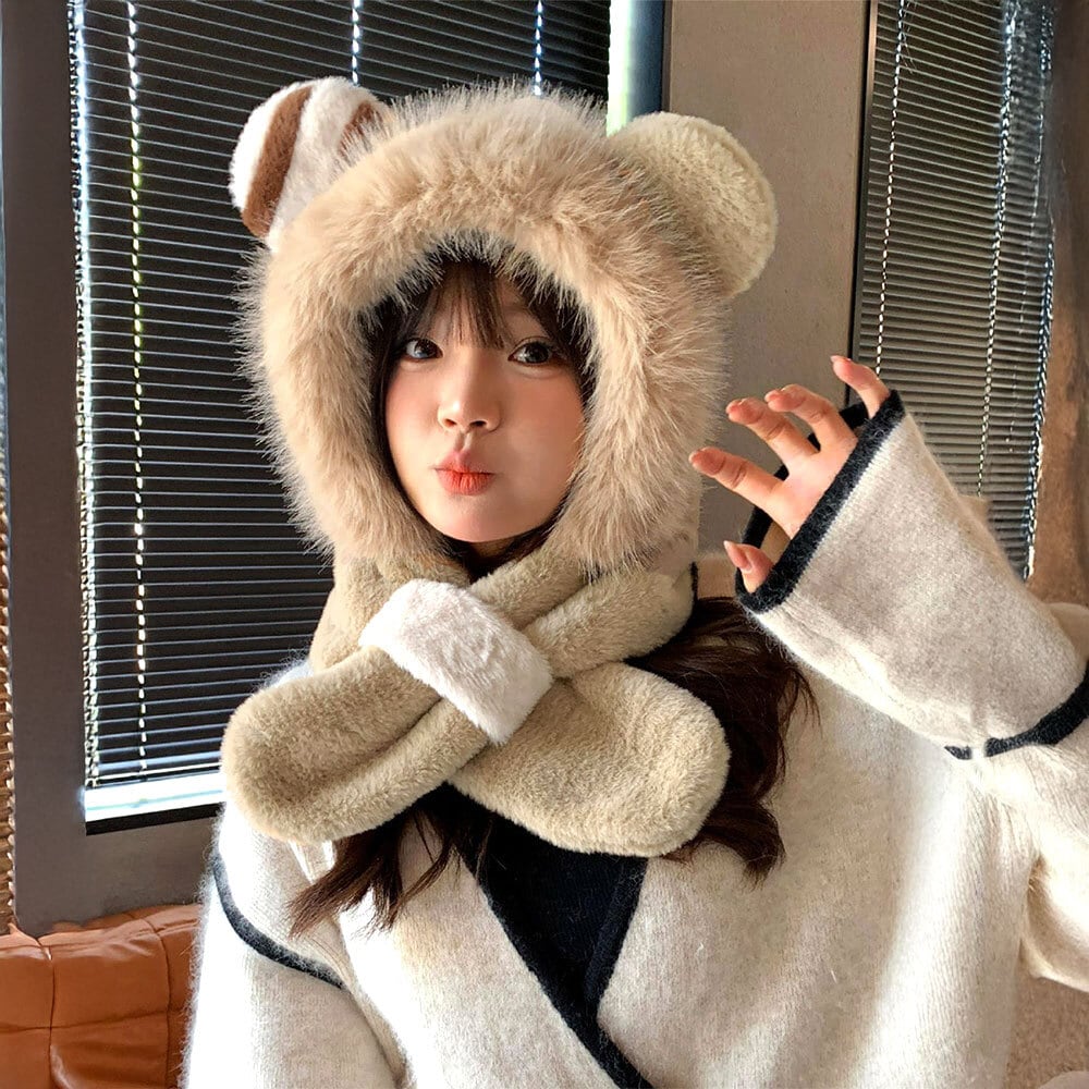 マフラー付き くまみみ 帽子 レディース 秋冬 ボアハット 防寒 保温
