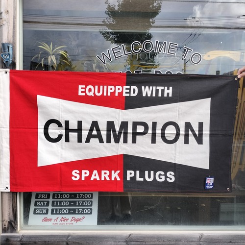 コットンガレージフラッグ/Champion チャンピオン/アメリカン雑貨 ガレージ タペストリー 看板
