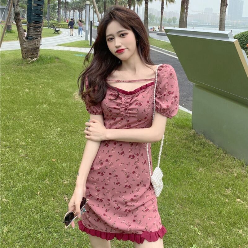 スカートレディース2020年夏新気質薄めフレンチVネックウエストワンピースパフスリーブフローラルショートスカート 1号婦人35638553109