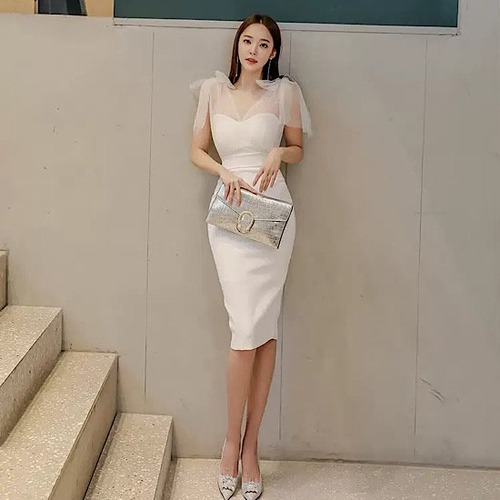 結婚式ドレス 無地 レース タイト スリムフィット 肩リボン 膝丈 発表会 演奏会 レディース フレアドレス 結婚式 ステージ衣装 エレガント ウエディングドレス カラードレス シンプル