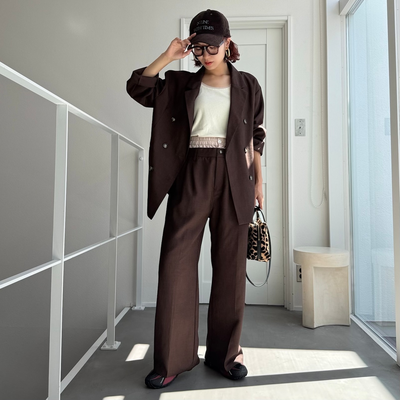 ダブルウエストスラックスPT/ダークブラウン