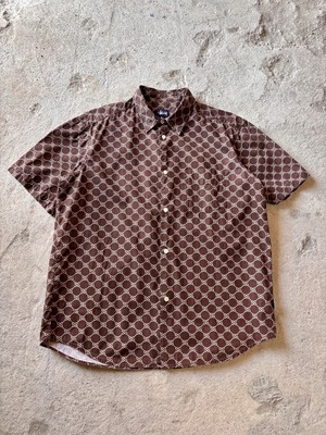 90～00s OLD STUSSY/Monogram S/S Shirt/USA製/紺タグ/L/モノグラムデザイン半袖シャツ/ブラウン/ステュ－シ－/オ－ルドステューシー