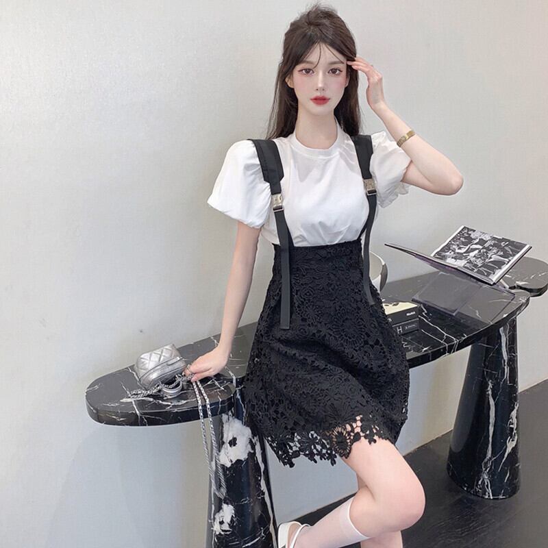 スリーブホワイトブラウス ハイウェストウェストレーススカート サマードレス ストリート 大人ガーリー スウィート キュート カジュアル 夏物 ガールズファッション64148305403