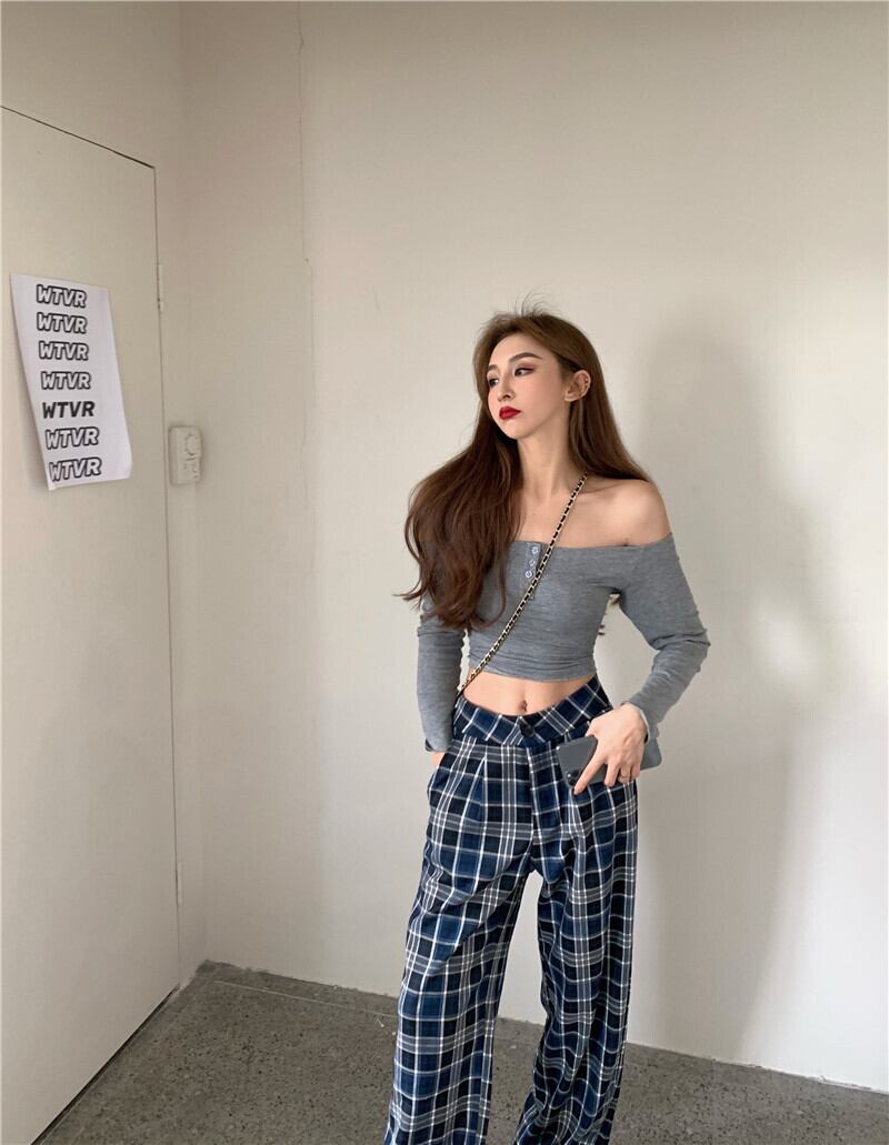 ブルーチェック柄ルーズワイドレッグパンツレディース秋通勤ウエストストレートパンツモップドレープパンツ ブラックストロベリース94402792232