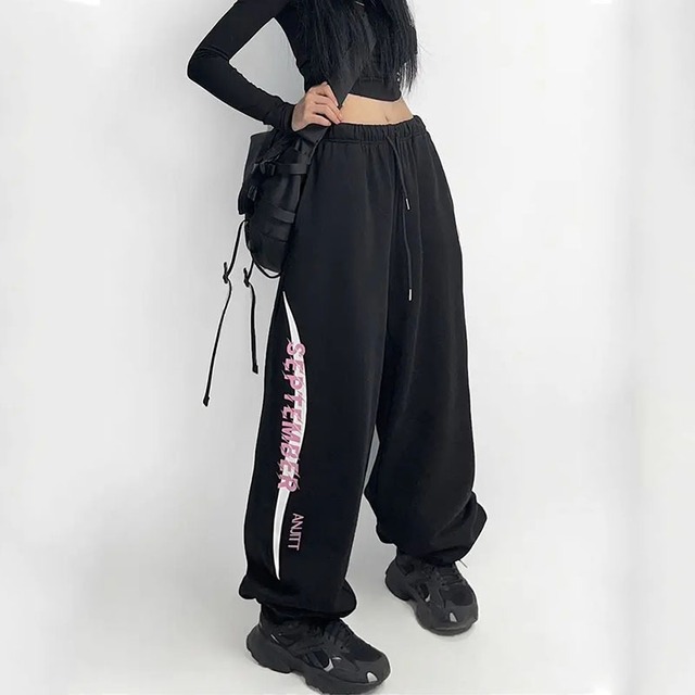 Y2K レタープリント黒ジョギングスウェットパンツ女性ストリートワイド 