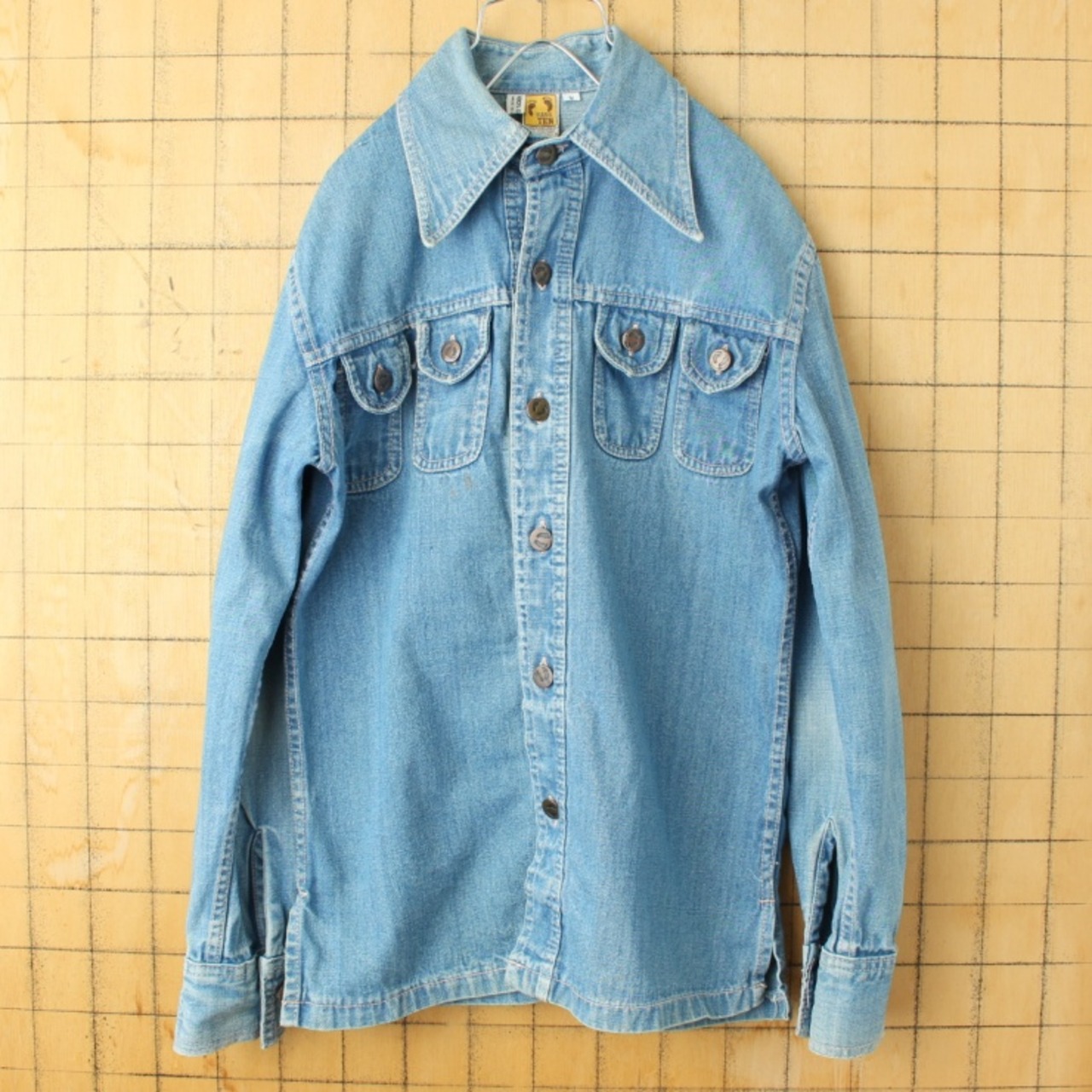 70s USA HANG TEN ハンテン 長袖 デニム シャツ ブルー メンズS 