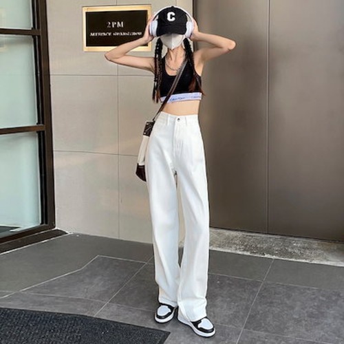 即納ホワイト ワイドパンツ レディース ハイウェスト 春 着痩せ ストレートパンツ ジーンズ
