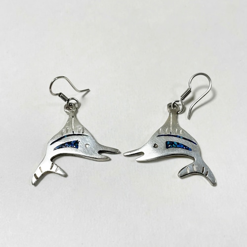 Vintage 925 Silver Dolphin Inlaid Crushed Turquoise Pirced Earrings Made In mexico