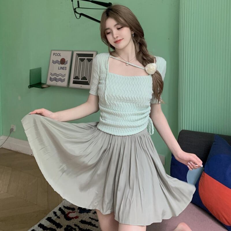 Tシャツ サマーソリッド カラーショートギャザープリーツ薄手トップス 夏物 ソリッドカラー スクウェア YY-ファッション48607608558