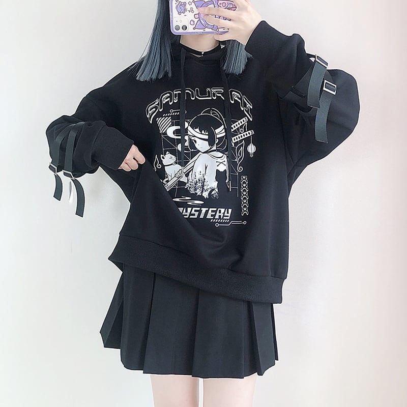 直販新品 秋服 病み 地雷系 アニメ 女の子 プリント パーカー オーバーサイズ 黒 韓国