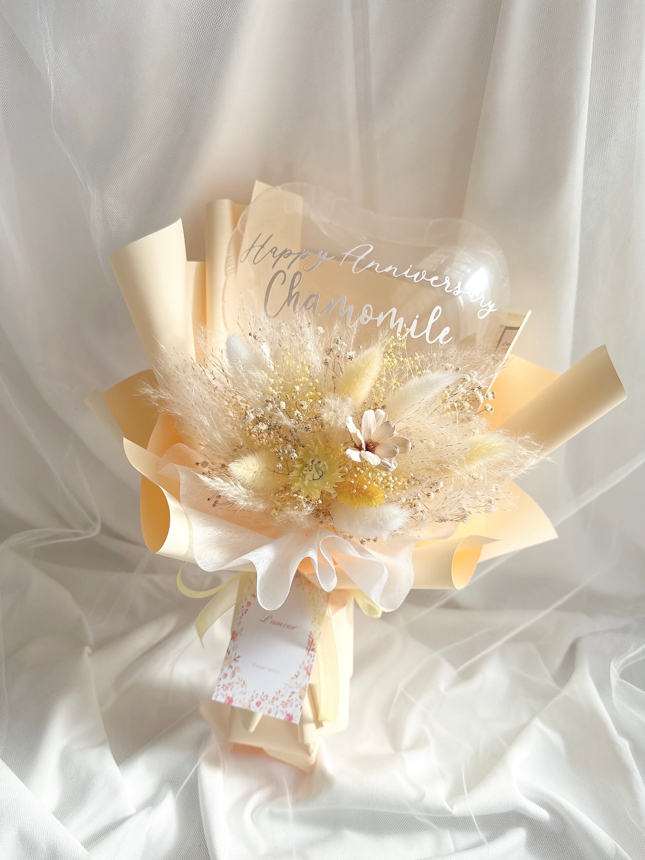 クリアバルーンとドライフラワーのカラフルブーケ Msize (ハートタイプ