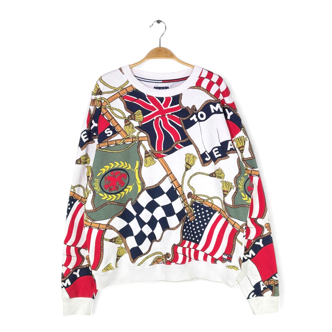 90s トミーヒルフィガー トミージーンズ トルコ製 スウェット 総柄 国旗 チェーン柄 TOMMY JEANS オールド メンズL 古着 @CF0935