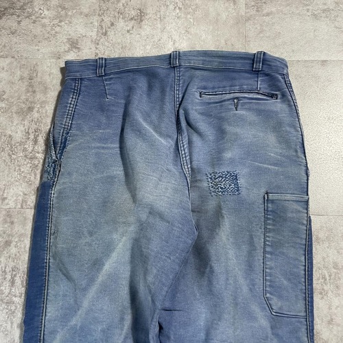 40-50s フレンチワーク パッチワーク モールスキン ブルー パンツ W34 詳細写真15