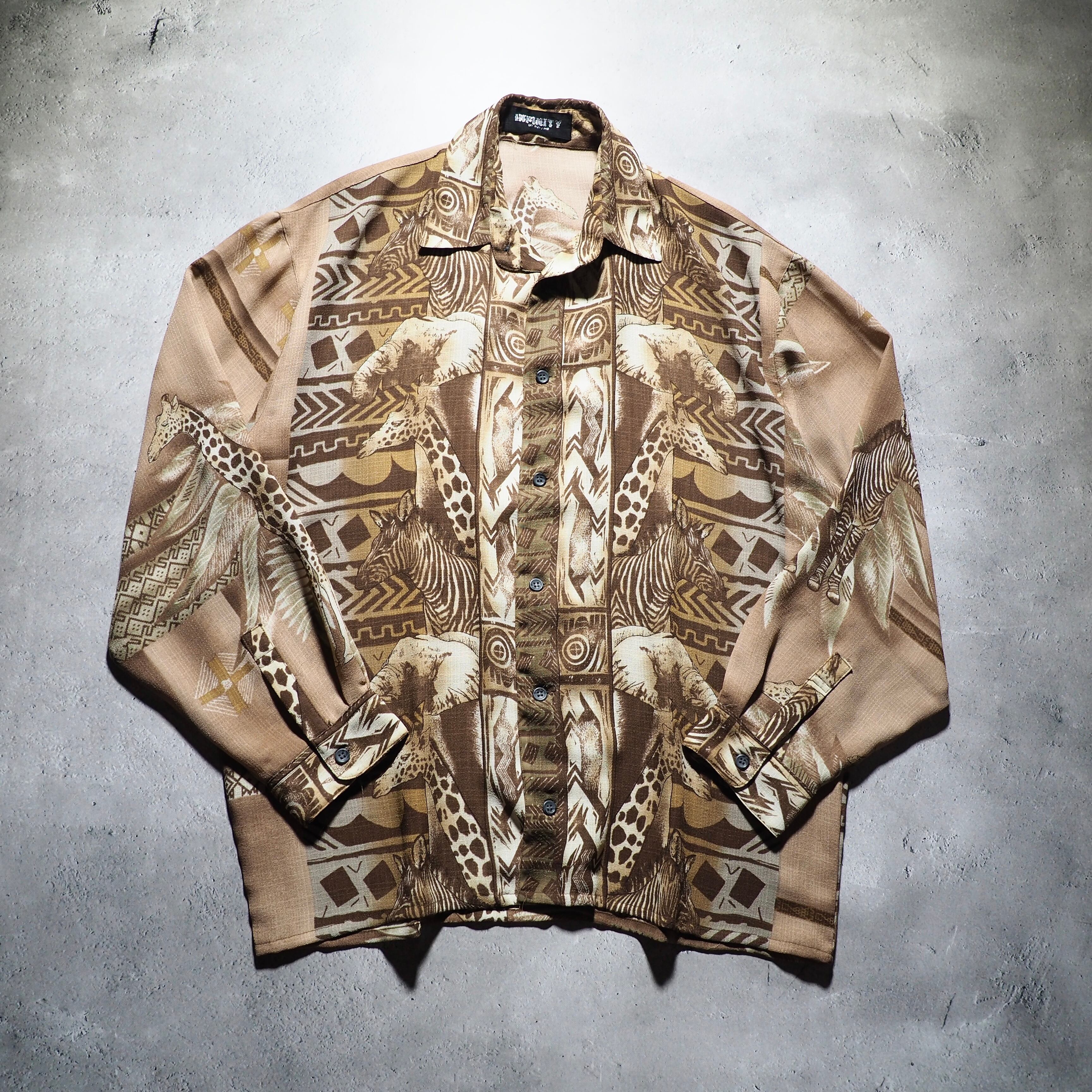 1990s African Sepia animal full pattern Design vintage Drape loose shirt