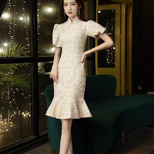 結婚式ドレス チャイナ風 マーメイド ツイード ミモレ丈 ハイウエスト 発表会 演奏会 レディース 結婚式 ステージ衣装 エレガント ウエディングドレス カラードレス イブニングドレス
