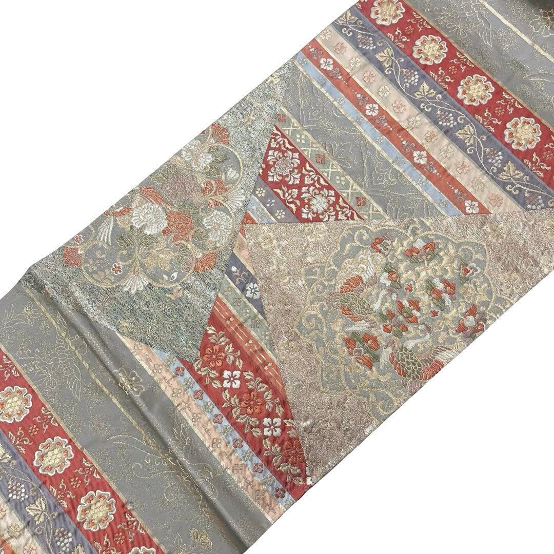 袋帯 正倉院列段文 鳥に花模様 金糸 灰水色 O-4030 | リユース着物わびさび 