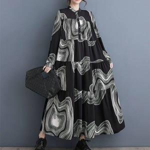 PRINT STAND COLLAR LONG SLEEVES LONG TIERED SHIRT DRESS 2colors M-8664