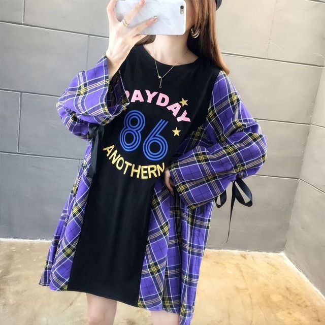 フェイクレイヤード ドッキング ワンピース チュニック チェック × Tシャツ 長袖 韓国ファッション レディース ラウンドネック ランタンスリーブ レトロ / Style plus size loose long sleeve shirt ins tide (DTC-604223705546)