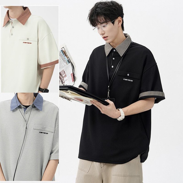 【V37シリーズ】★POLOシャツ★ 3color トップス 男女兼用 メンズ フェイクレイヤード チェック柄 配色
