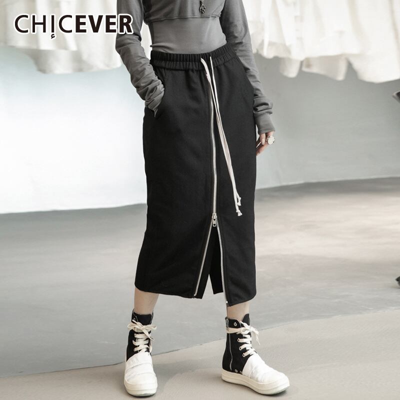 CHICEVERブラックスカートレディースウエストパッチワークレースアップジッパースプリットヒットカラーストレートミッドドレス2020 6base523685211787