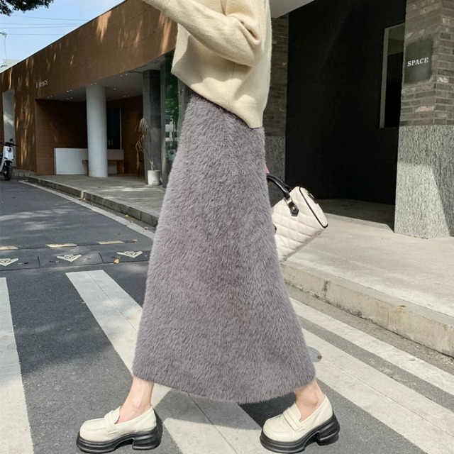 Faux mink fleece knit skirt【3col】00301