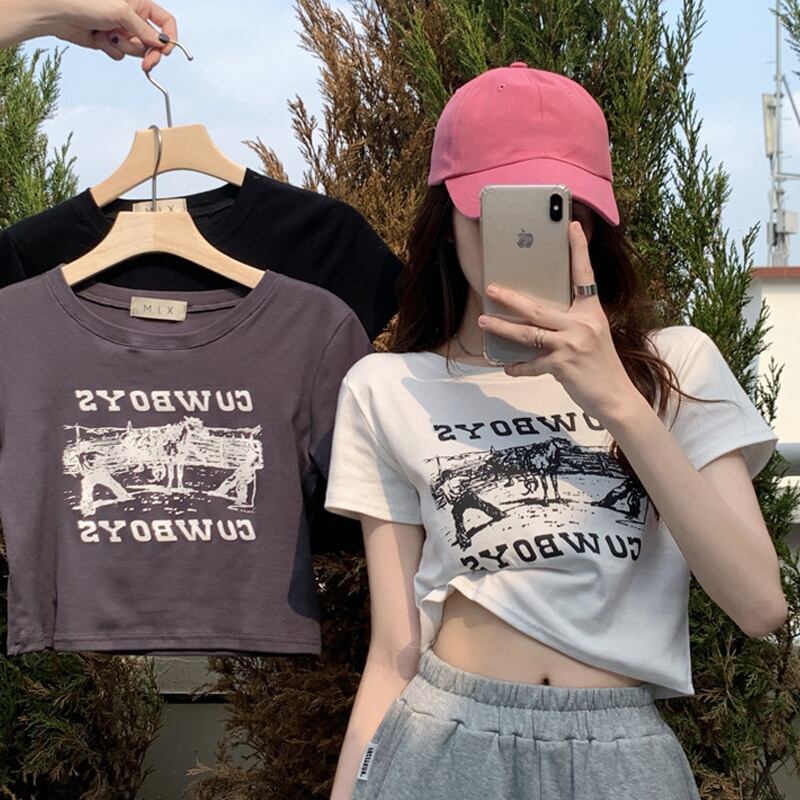 ショートTシャツ サマースタイルスタンダードプリント柄ホワイトトップス レトロ かわいい 夏物 スーパーモール1089269098