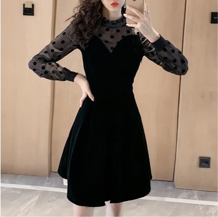 ☆長袖☆レース ベロア ミニ丈 ワンピース パーティ ドレス ミニワンピース パーティドレス 長袖 レース ドット フレア