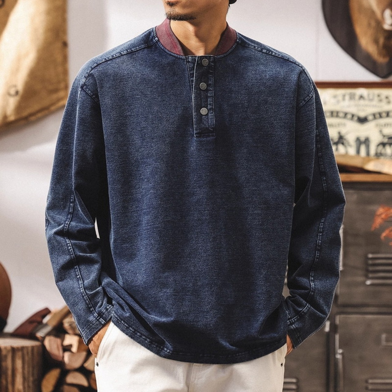 Rib Knit Beanie Henry Neck Long Sleeve Top ◇H0819