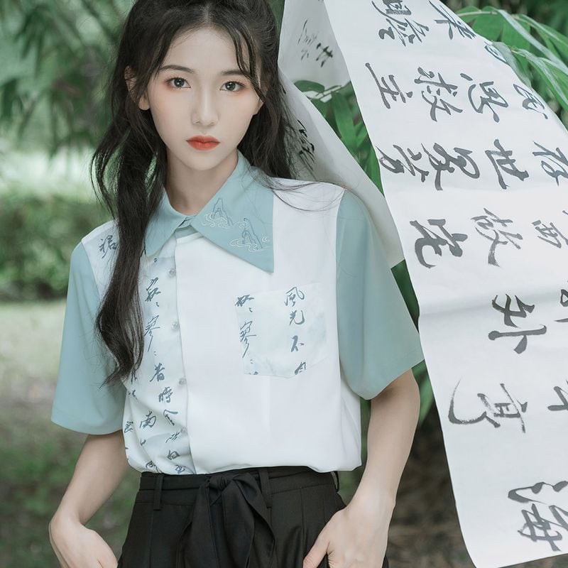 サブカル 服 地雷系 通販 シャツ 半袖 刺繍 漢字 プリント 透け感 チャイナ服 中華服 おしゃれ アシンメトリ ユニセックス