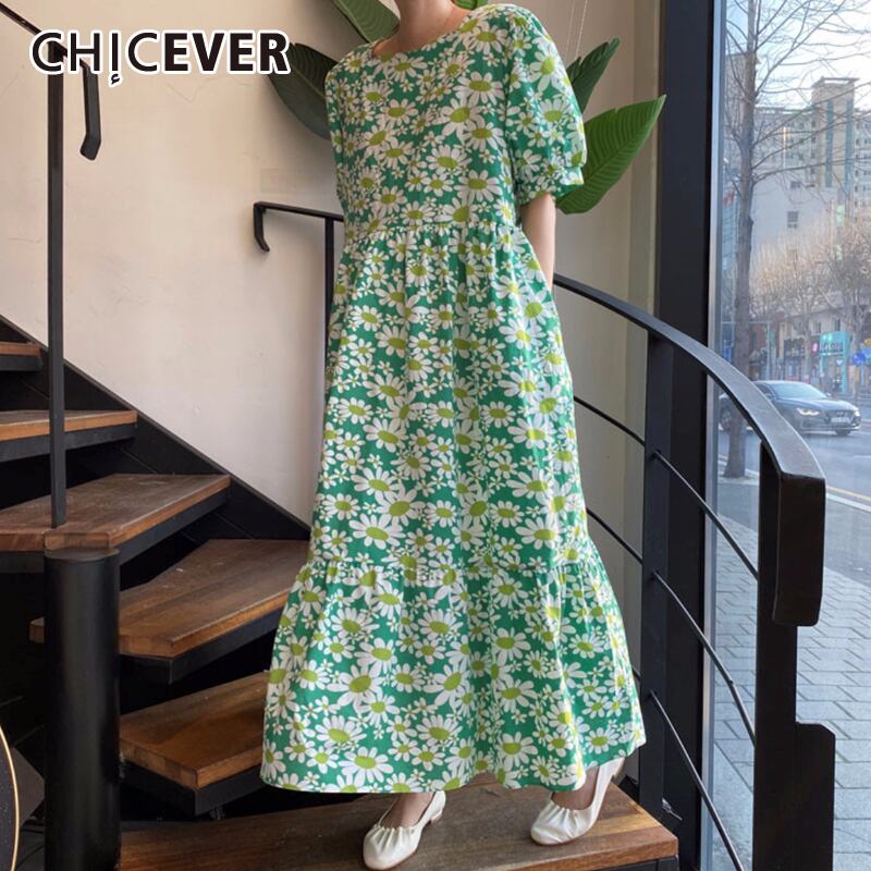CHICEVERプリントレディースドレスポケットOネックランタンスリーブウエストルーズマキシドレス2020 6base591290166713