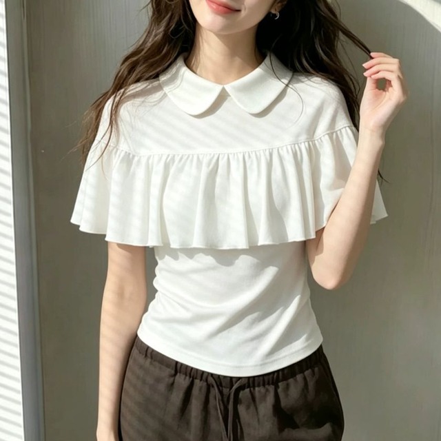 Polo collar ruffle T-shirt A1733
