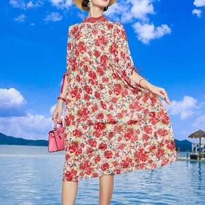 ワンピース レディース 送料無料 Aライン フレアワンピース フレア膝丈 膝下 ミモレ丈 立ち襟 スタンドカラー 五分袖 5分袖 ゆったり ゆる 大きめ ワイド 大きいサイズ ビッグサイズ プラスサイズ M L XL 2XL 3XL 4XL  体型カバー 二の腕カバー ハイウエスト 脚長 美脚 鮮やか 華やか 赤 レッド フルーツ柄 トロピカル 大人女子 大人可愛い カジュアル ラフ ルーズ お洒落 おしゃれ 春 春服 夏 夏服 20代 30代 40代 海 プール リゾート 楽ちん おでかけ 涼し