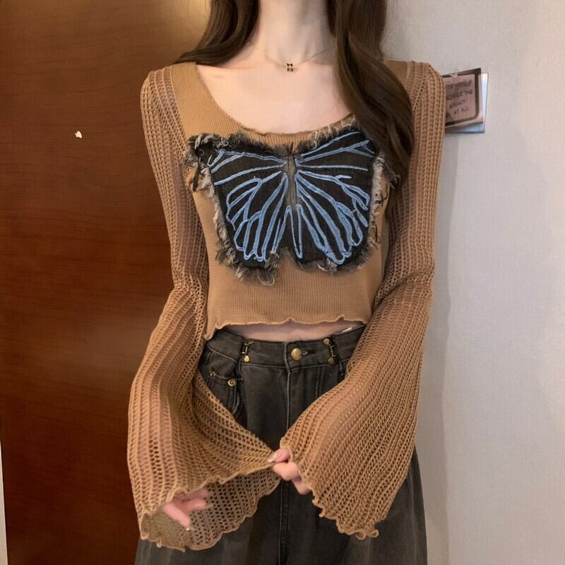 ニット トップス 長袖 透け感 ショート丈 切り替え 蝶々 デニム ニット トップス 長袖 透け感 ショート丈 切り替え 蝶々 デニム