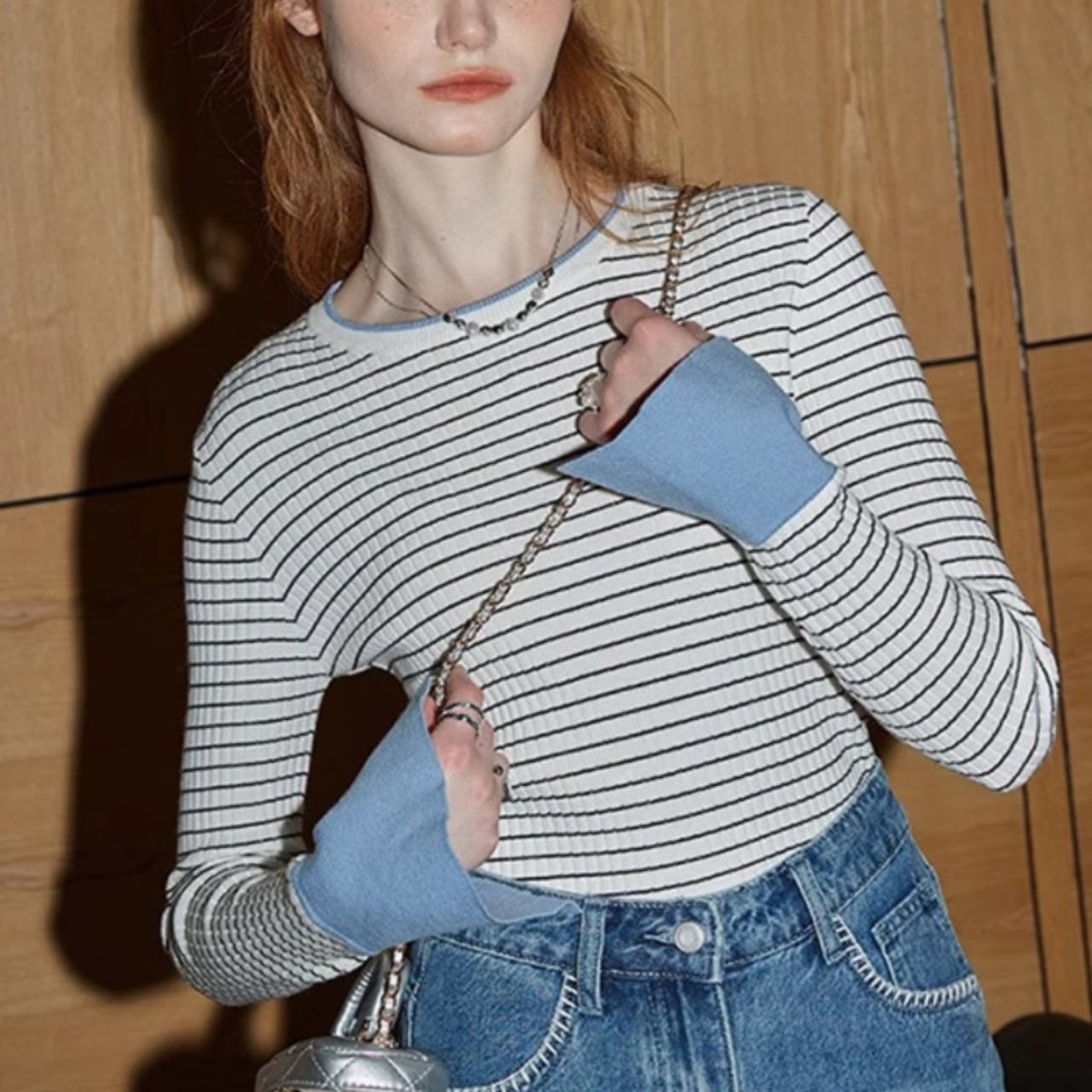 ボーダークルーネック バイカラー カットソー