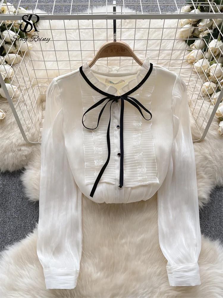 Sing補強-女性のためのフレンチトップサテンブラウス、フリルボウ、長袖、ゆったりとしたトップス、ヴィンテージ、ハイストリート、暖かいシックなシャツ、ヴィンテージ_201