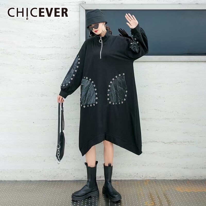 CHICEVERブラックドレス女性スタンドカラーランタン長袖パッチワークスパンコールミッドドレス2021服タイド ロング 6base55135011486