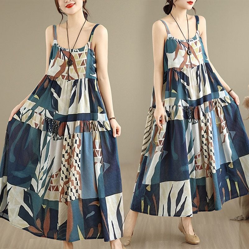 PRINT SLEEVELESS TIERED MAXI CAMI DRESS M-17685